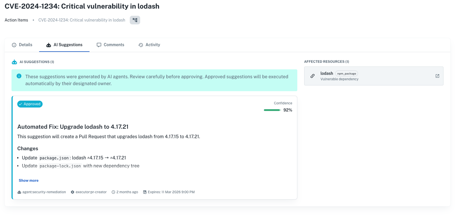 AI Suggestions tab showing an approved suggestion with confidence score