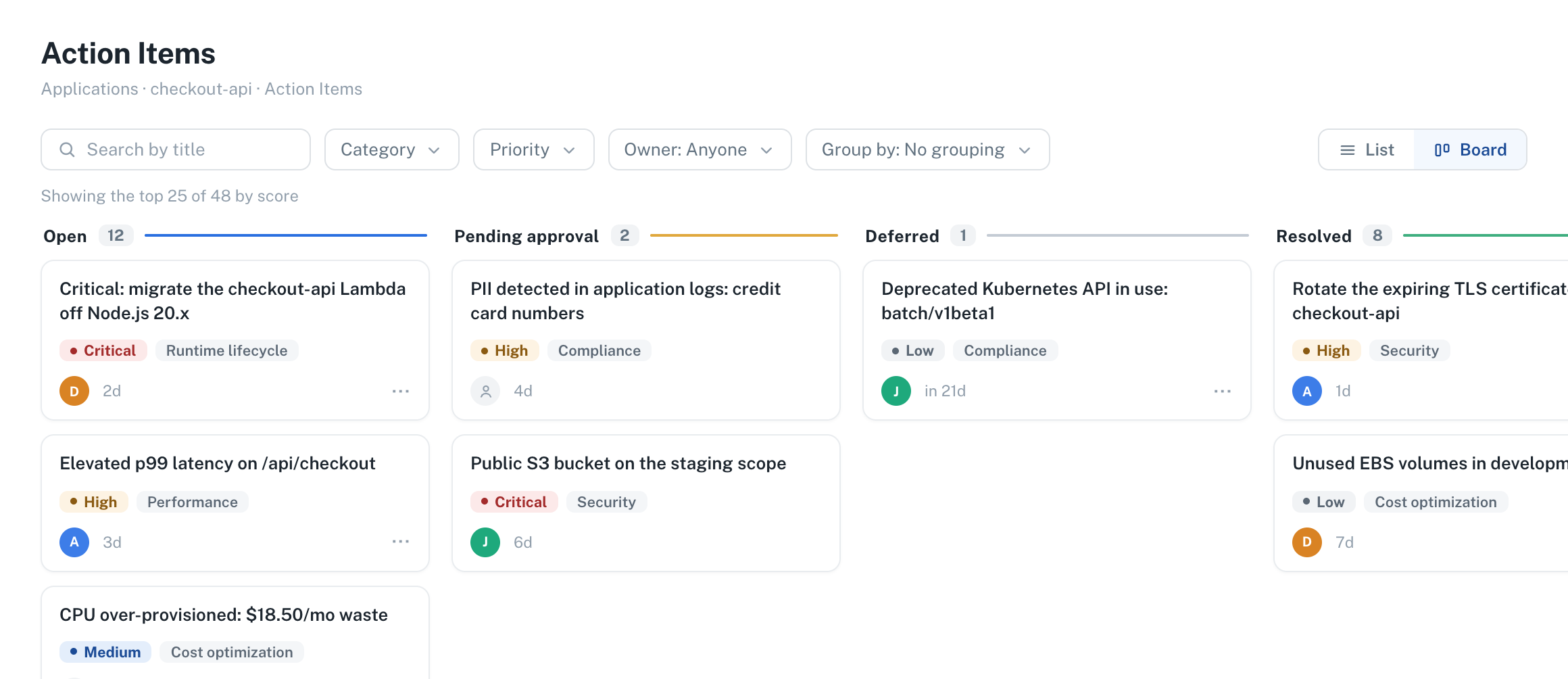 Action items board with columns for Open, Pending approval, Deferred, and Resolved
