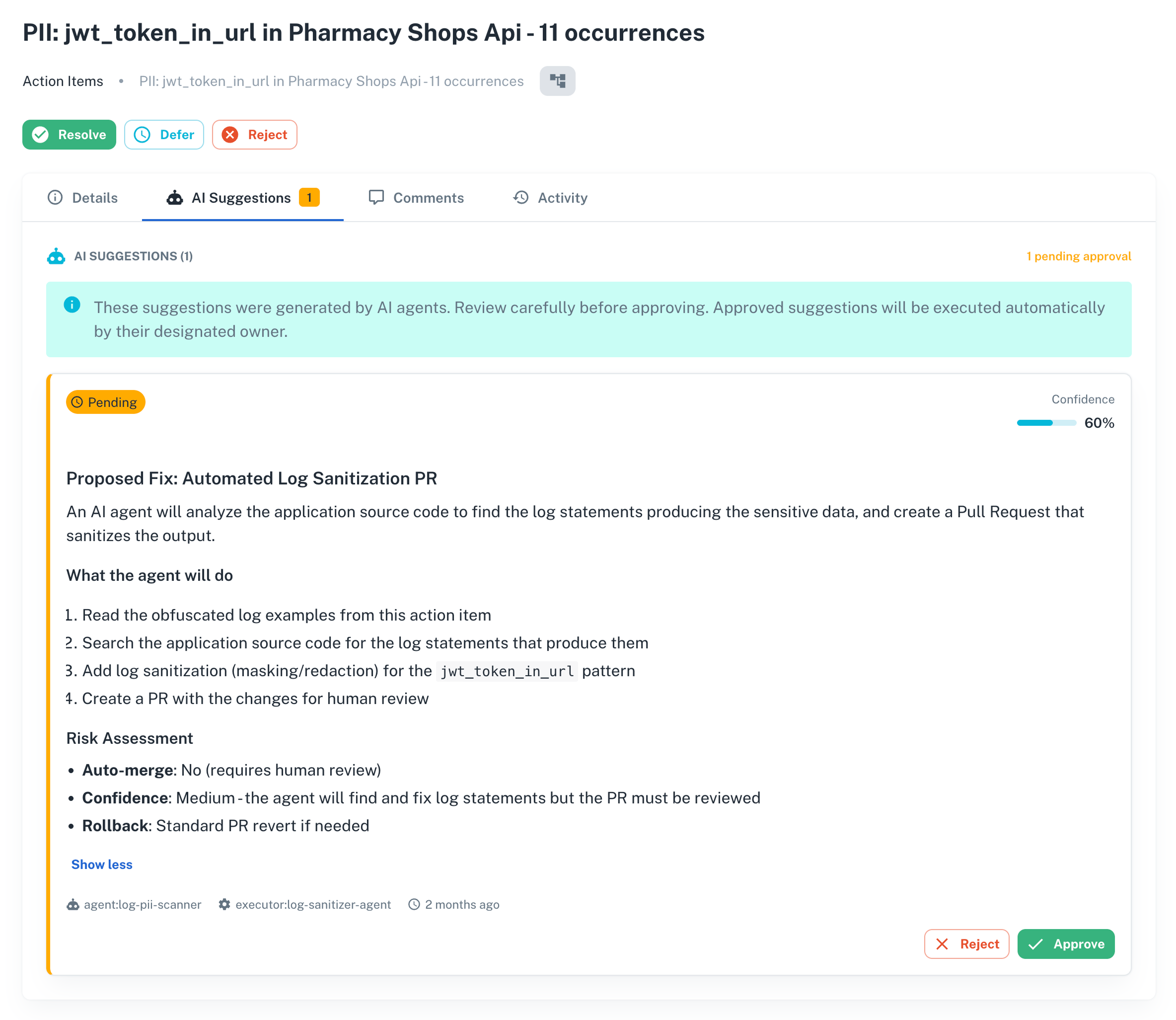 AI Suggestions tab showing an automated fix proposal for the jwt_token_in_url detection
