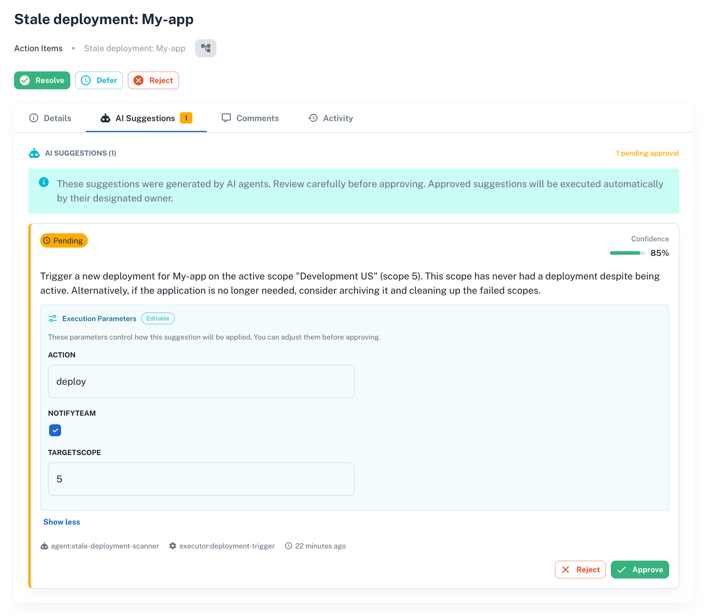 AI Suggestions tab showing a pending suggestion with confidence score, deploy action, and editable parameters
