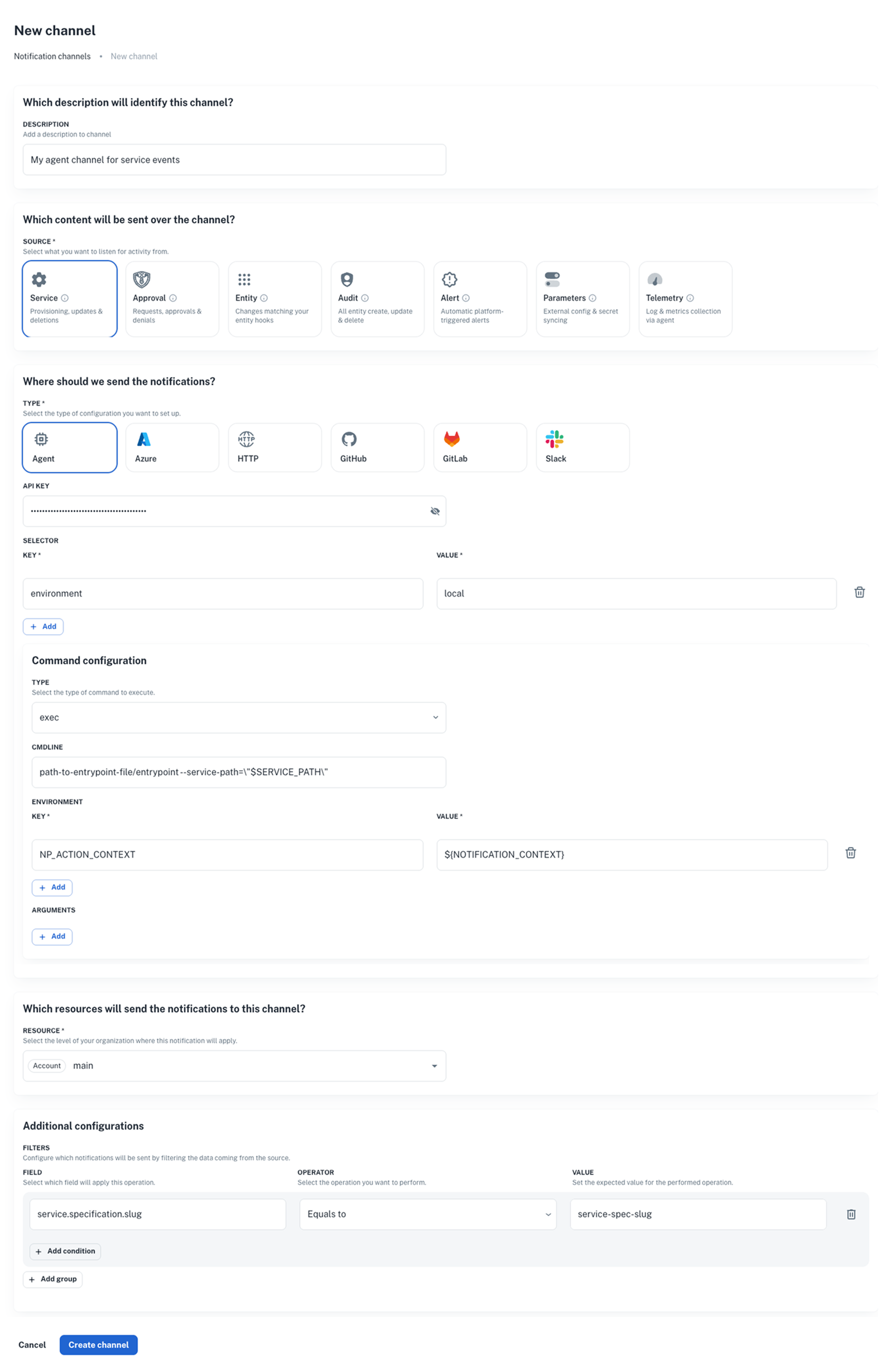 Create an agent notification channel in the nullplatform UI