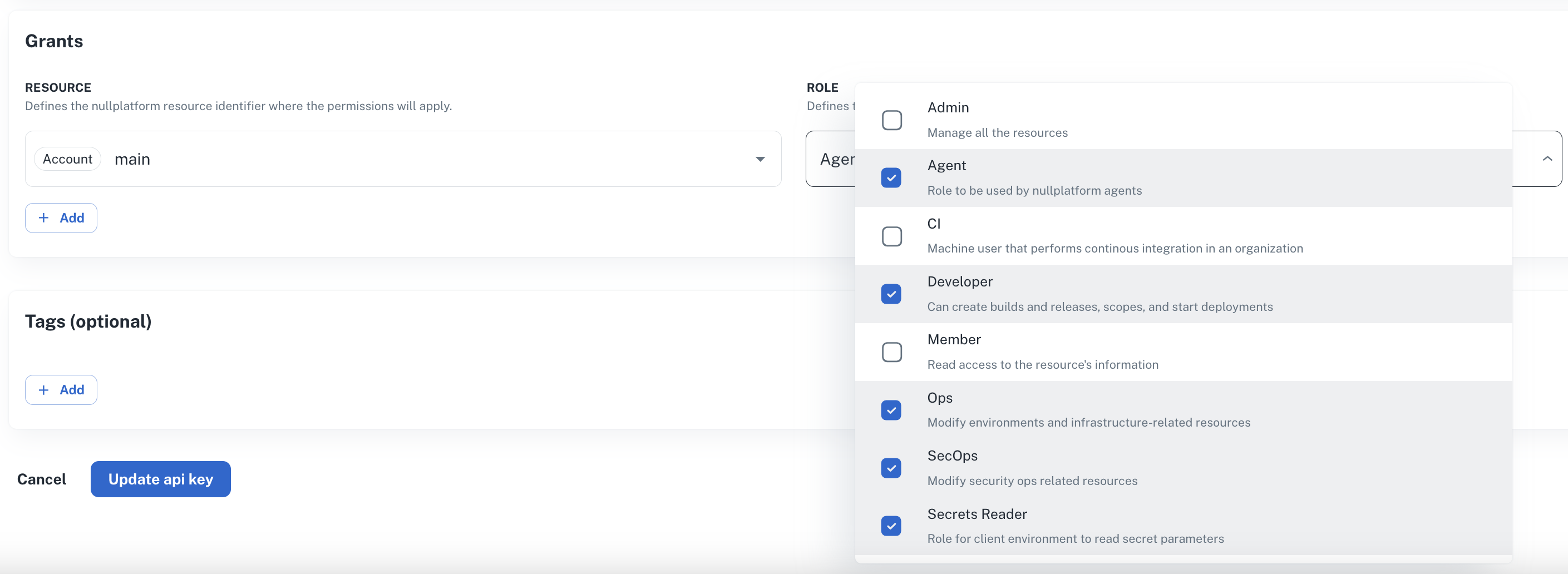 Roles needed for agent api key