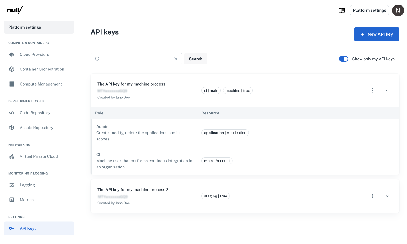 API key view