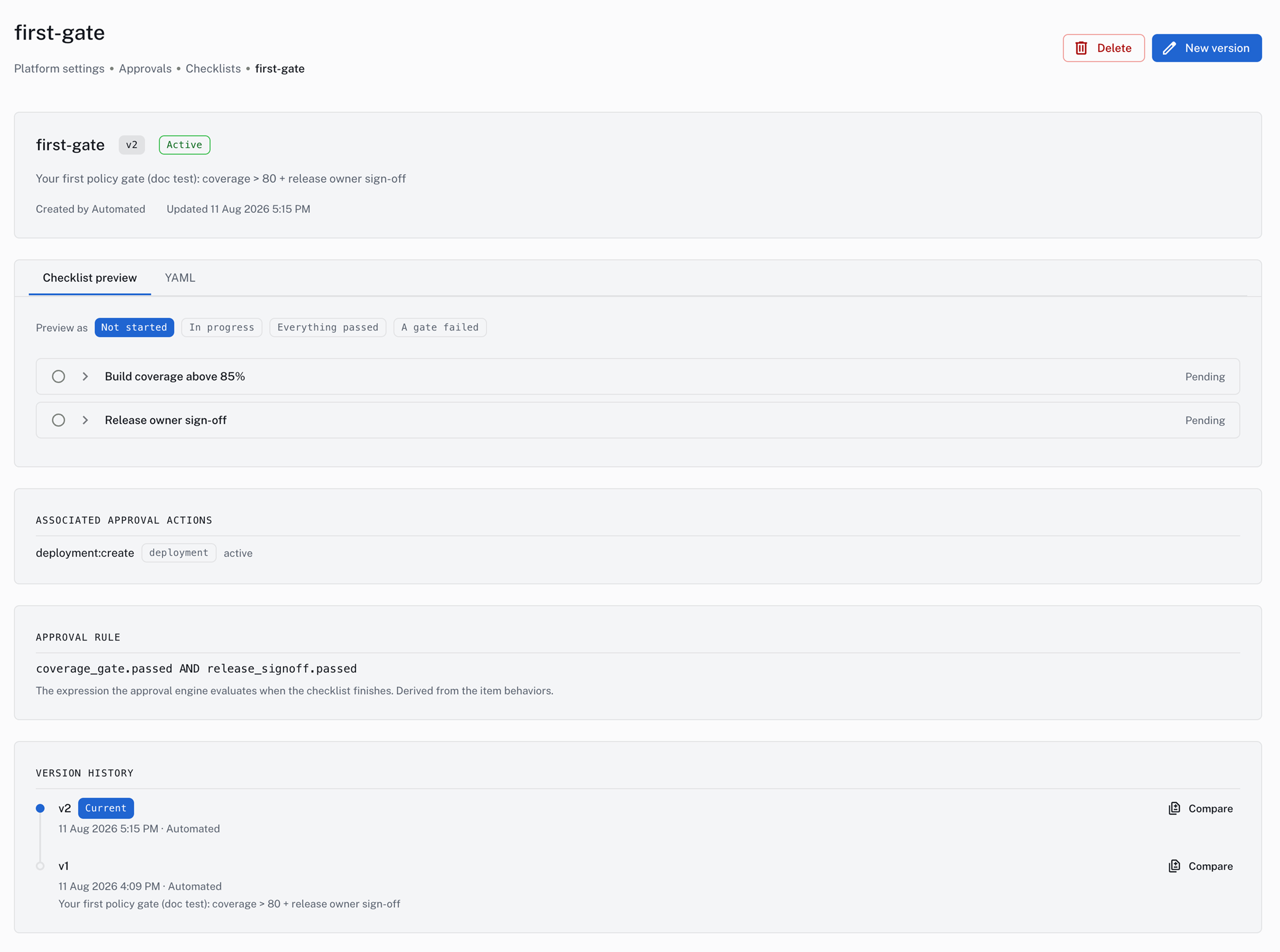 The detail view of a checklist specification, with the New version button in the header, a preview of its items, the approval actions associated with it, the derived approval rule, and a version history listing v2 as current and v1 below it, each with a Compare link