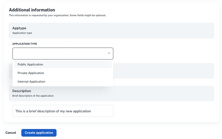 catalog create application ui