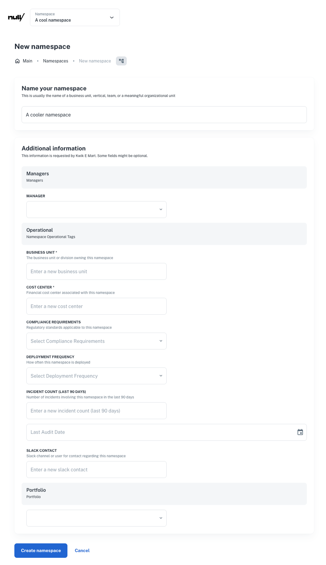catalog namespace ui