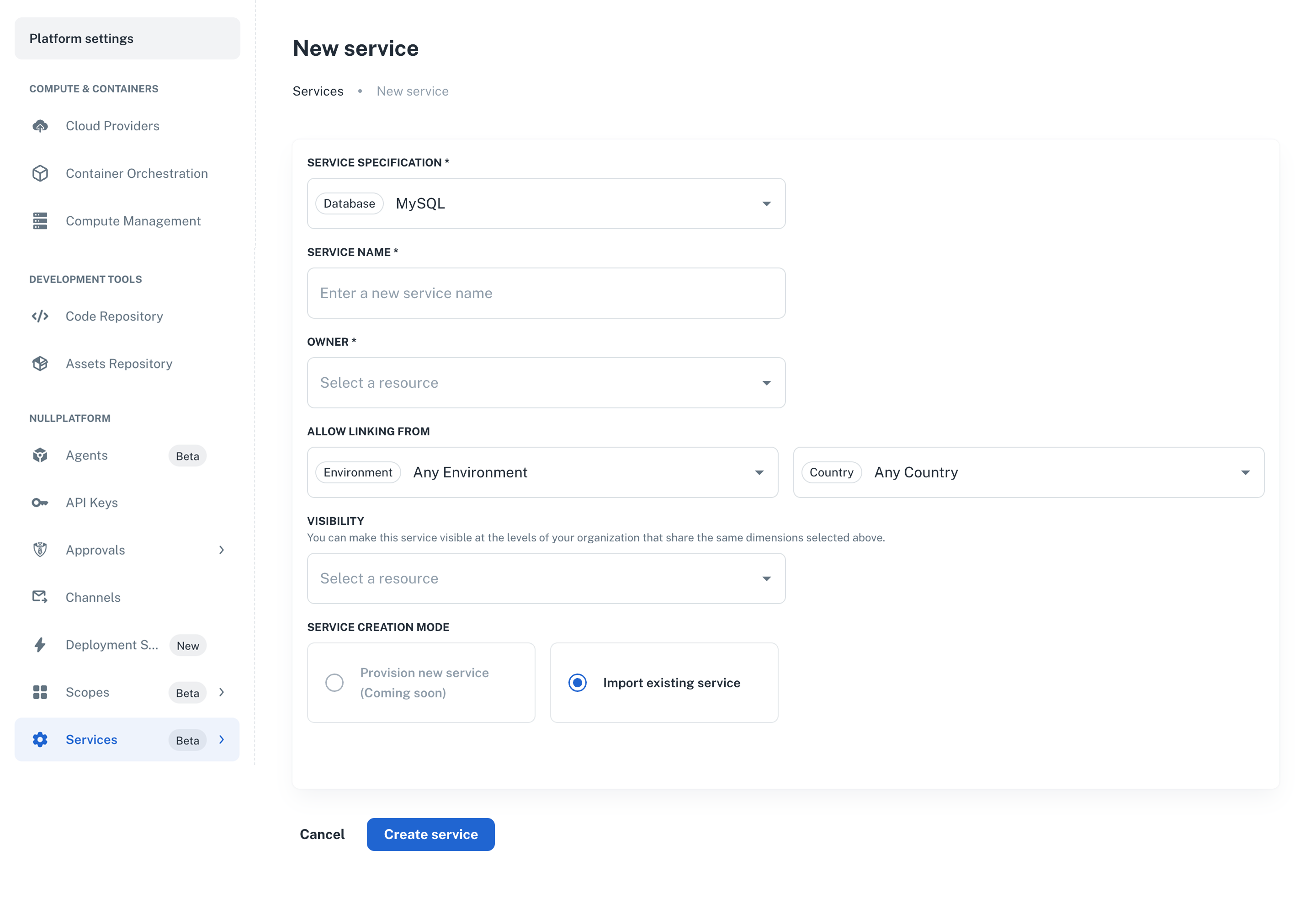 importing service view