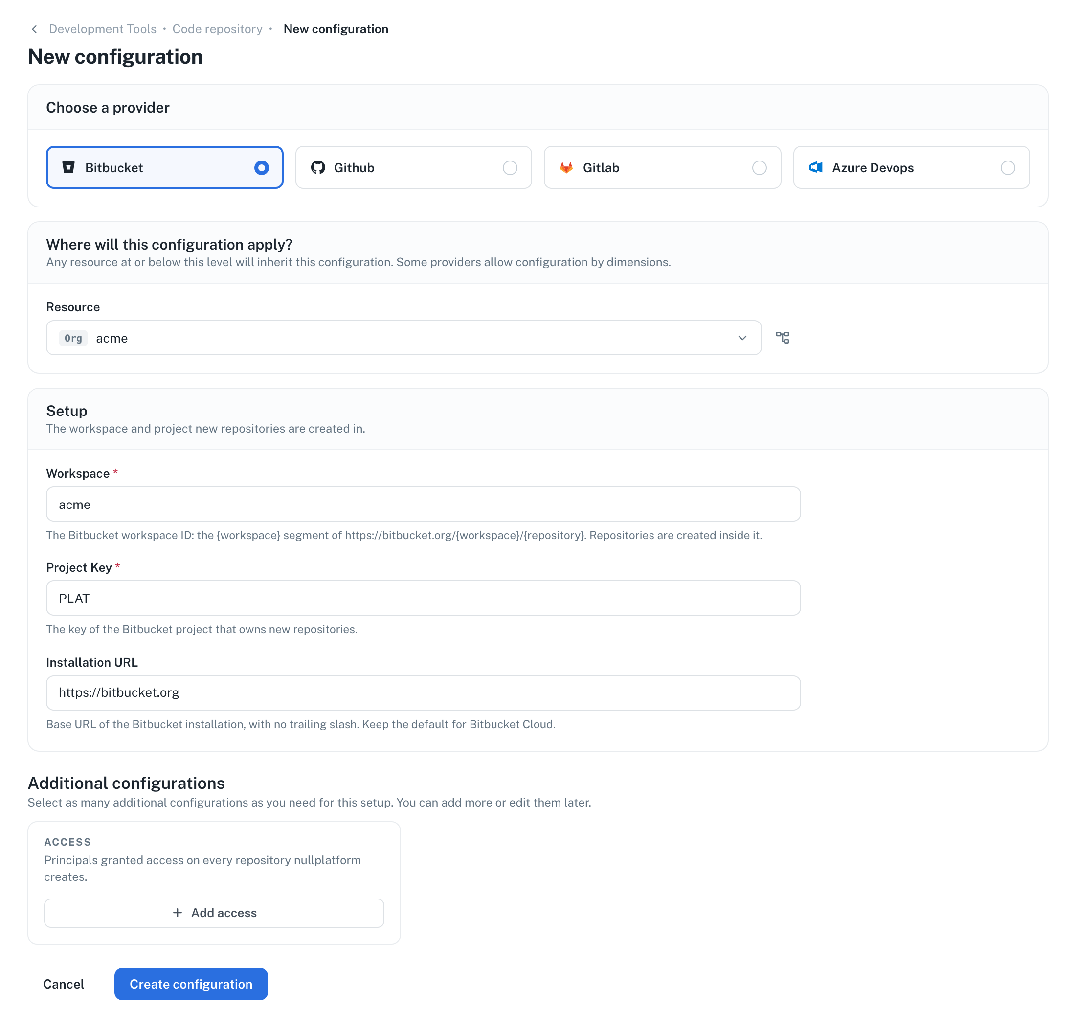 The new provider configuration form with Bitbucket selected, asking for the workspace and project key where repositories are created