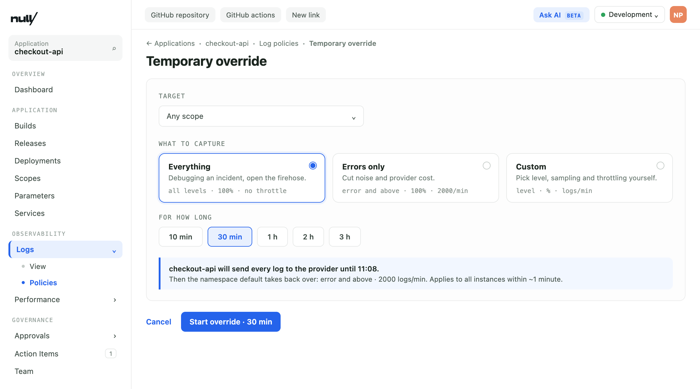 The new temporary override selector with capture presets and a duration picker