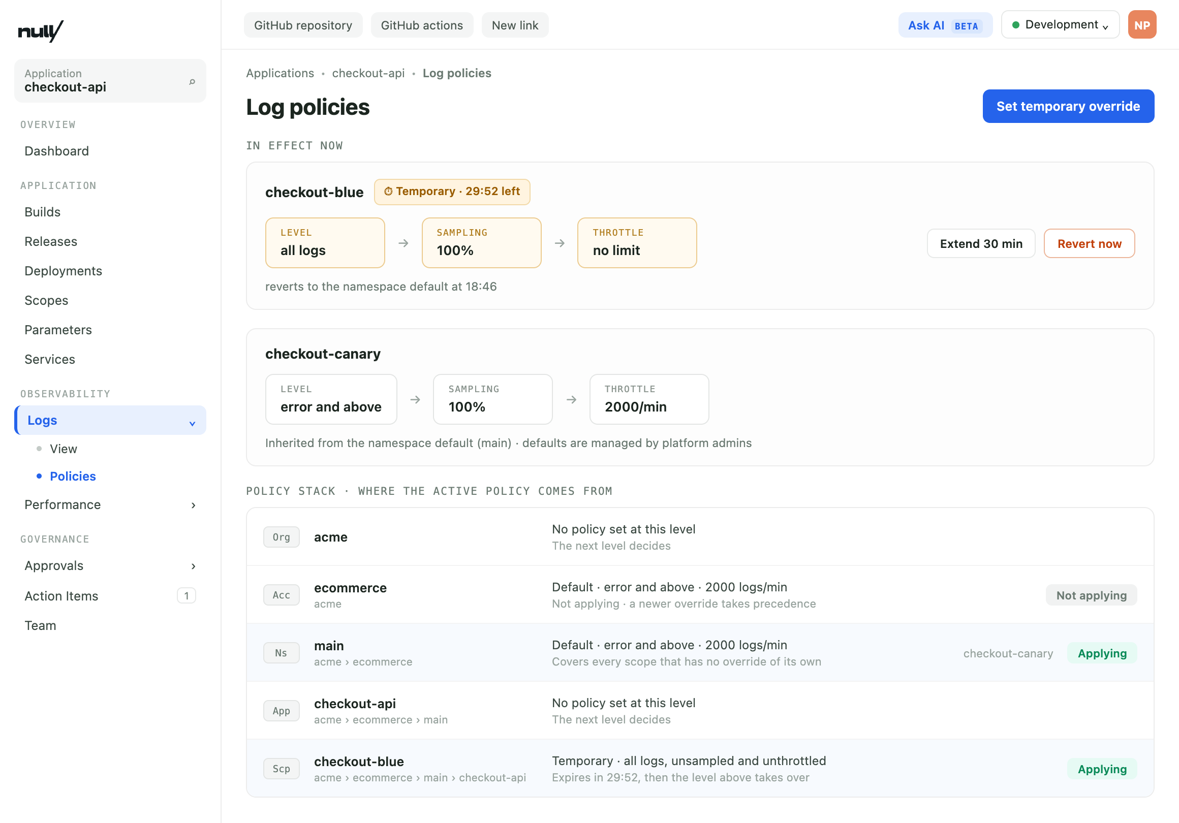 The redesigned log policies view showing the active policy and the policy stack