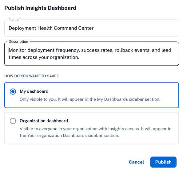 Save dashboard modal with draft and publish options