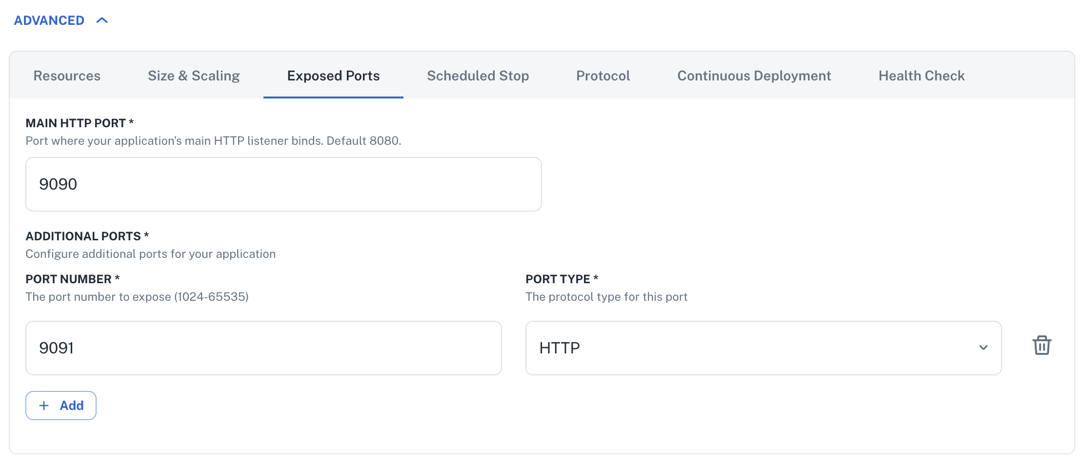 Scope form Exposed Ports section with the additional HTTP Port field