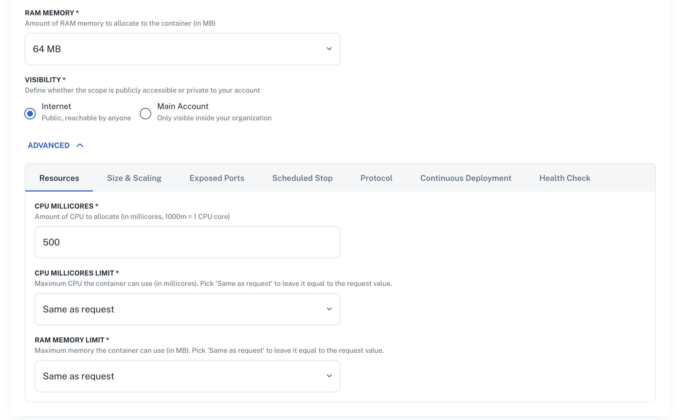 Scope edit form showing CPU and RAM request and limit fields under the Advanced Resources tab