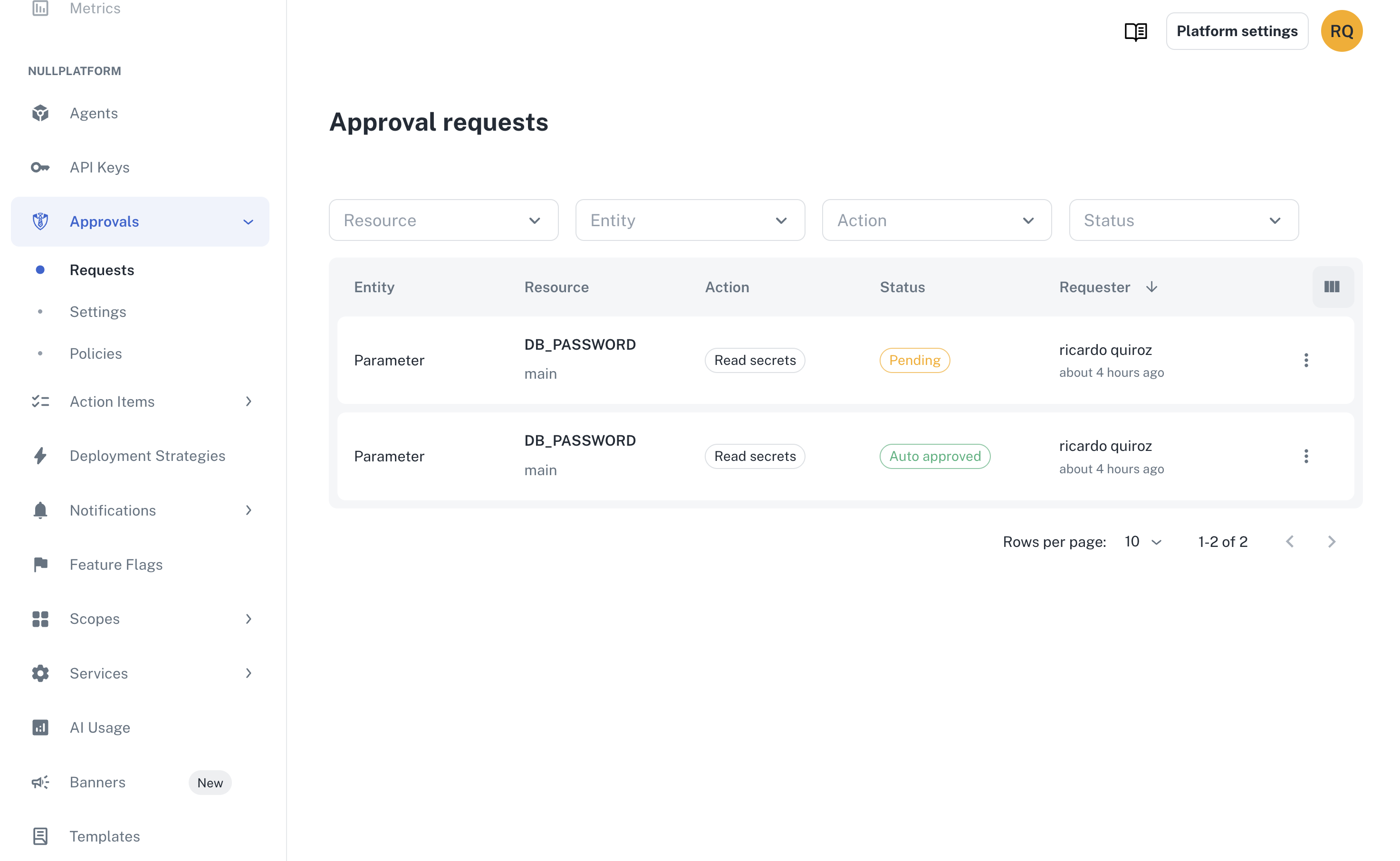Approval requests list with a pending production request