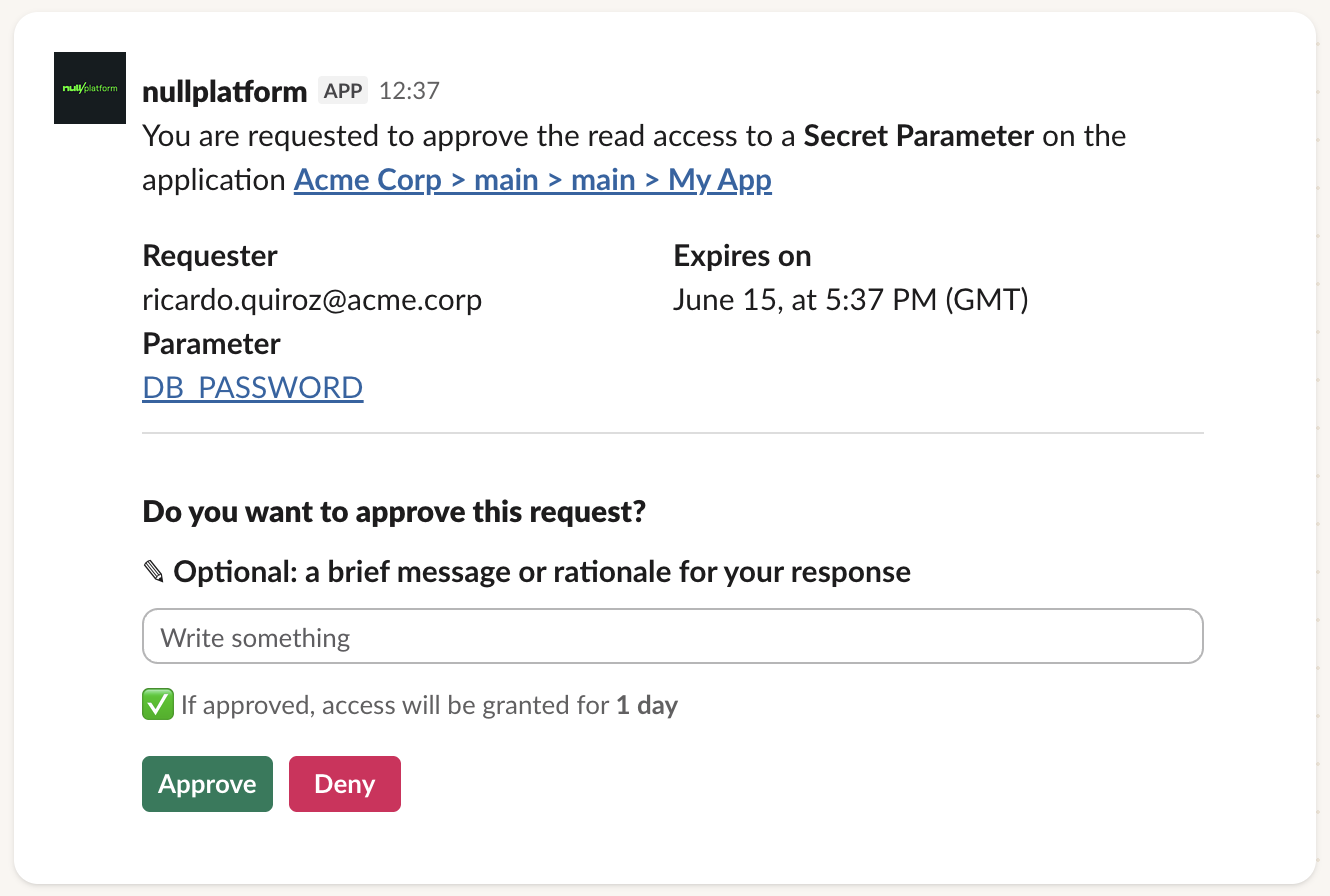 Slack notification for a secret access request