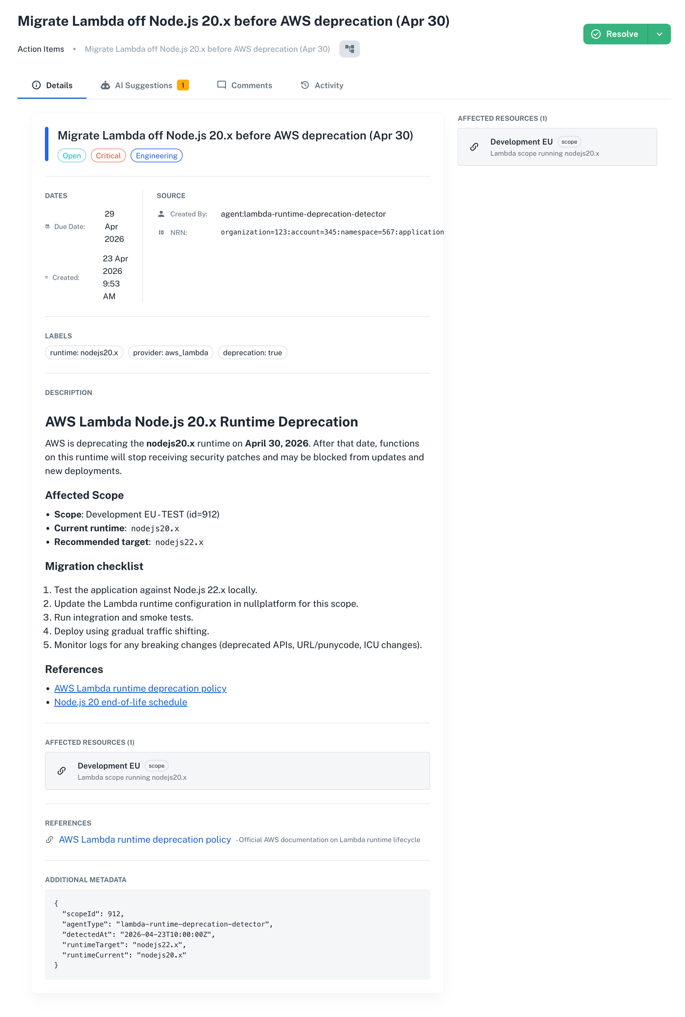 Action item detail showing a critical Lambda Node.js 20.x migration task with affected scope, description, and checklist