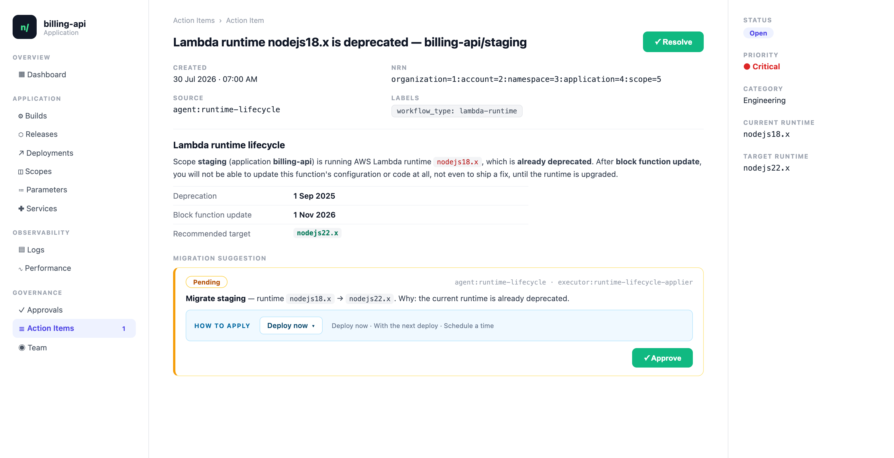 A Lambda runtime action item on the application dashboard: deprecated runtime, deprecation and block-update dates, recommended target, and the pending migration suggestion with its deploy-timing choice