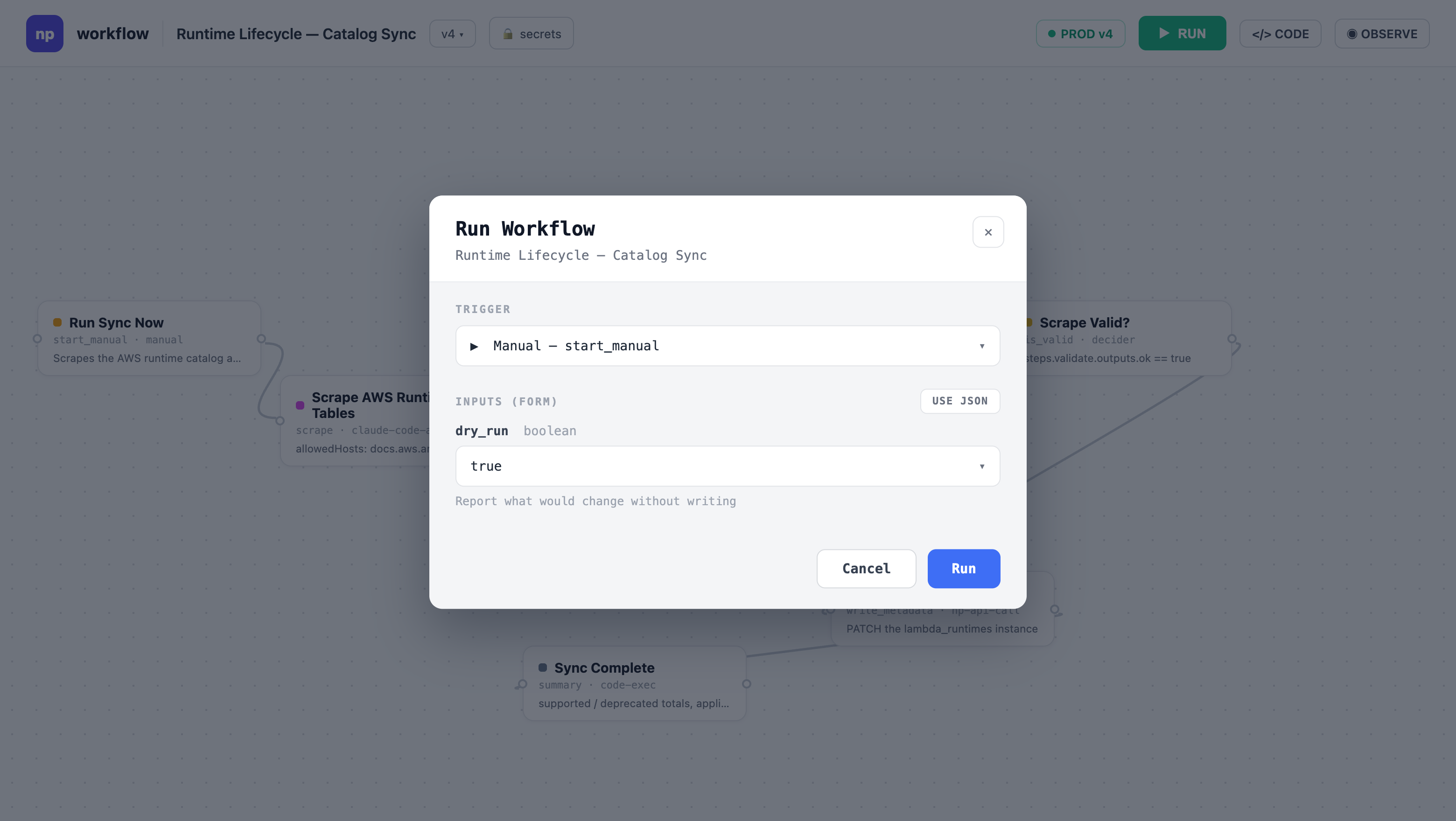 The Run workflow dialog for the catalog sync, with the optional dry_run toggle enabled