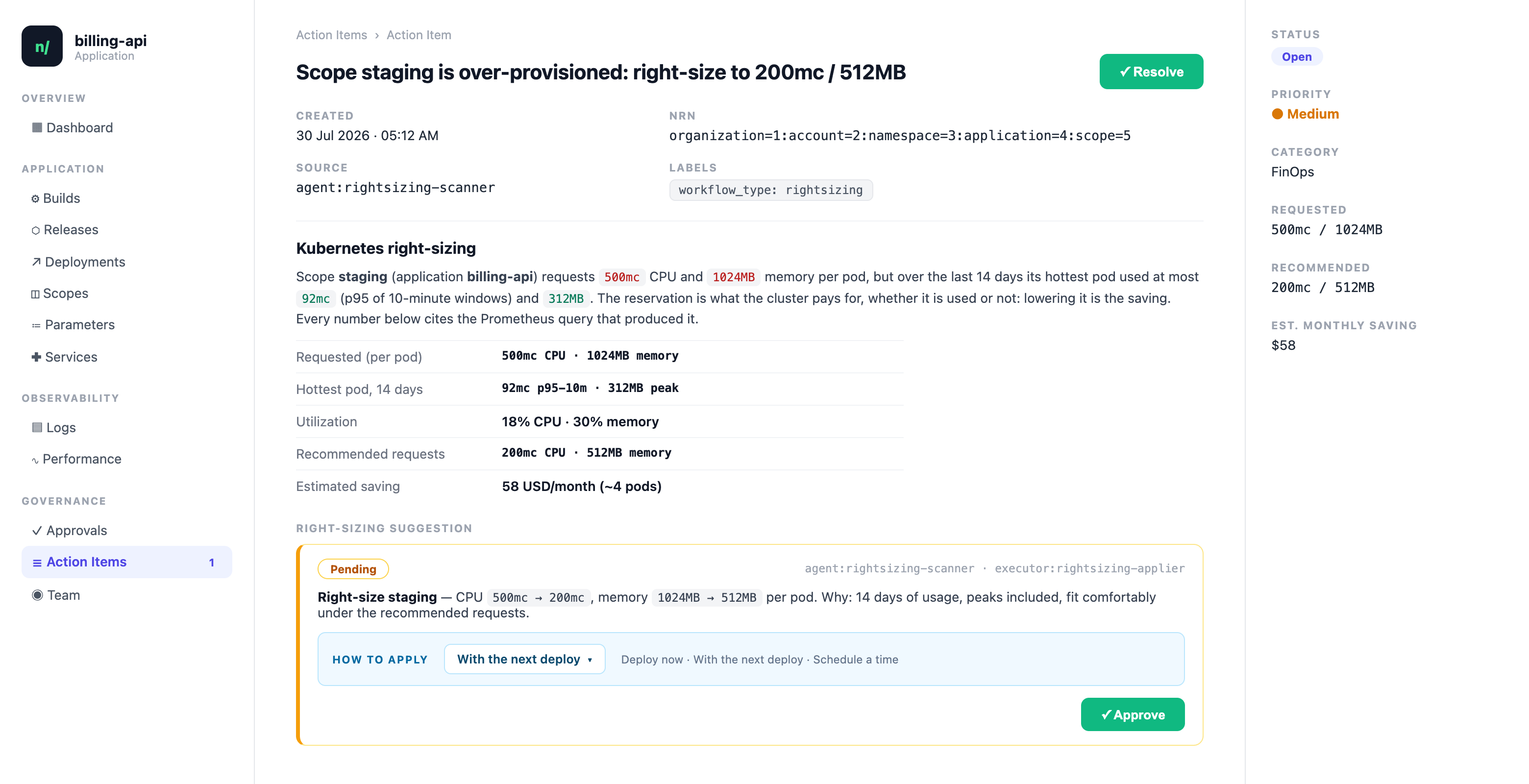 A right-sizing action item on the application dashboard: usage versus requested resources, the recommended sizing, the estimated monthly saving, and the pending apply suggestion
